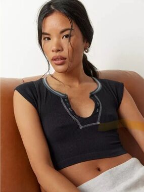 Urban Outfitters Black Ribbed Henley Crop Top with Gray Trim